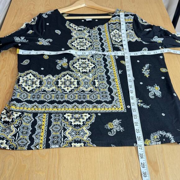 Chicos Womens Blouse 3/4 Sleeve Paisley size XL Yellow Black Rayon Stretch - Picture 8 of 8